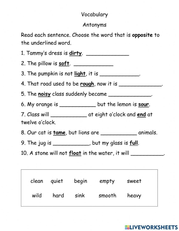 Antonyms Opposites Attract Worksheet 19 for Second Grade Students Second grade student working on an antonyms opposites attract algebra worksheet number 19