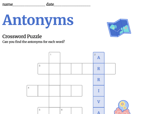 Second grade student completing an antonym crossword puzzle worksheet about opposite words