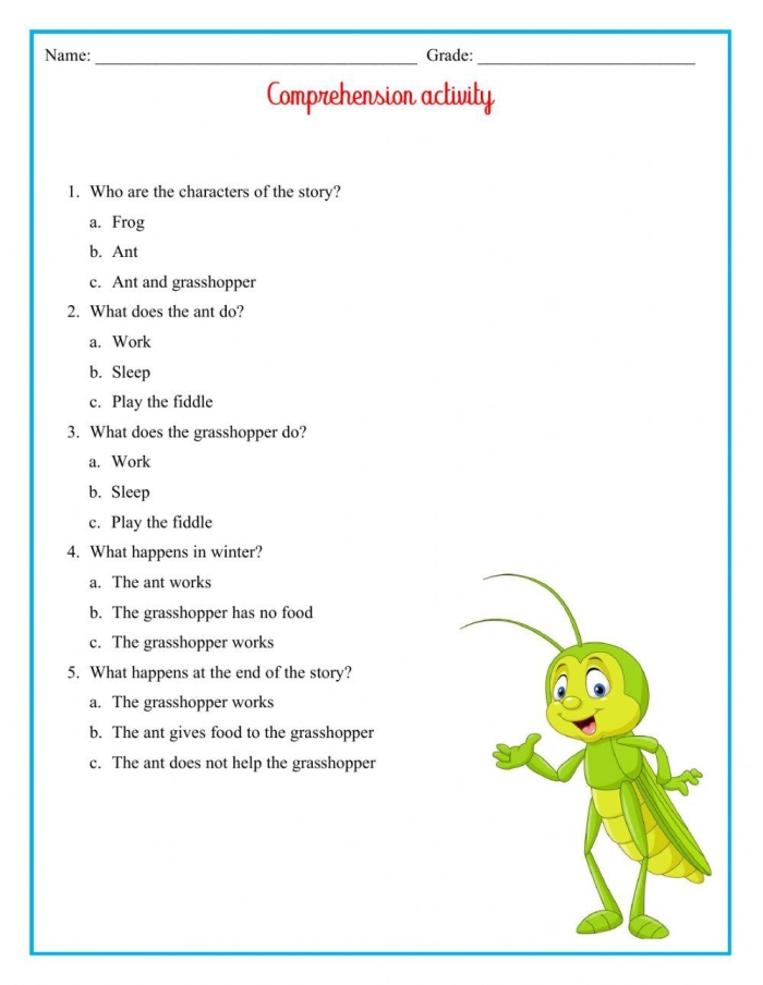 Worksheet featuring Aesop's fable "The Ants and the Grasshopper" with comprehension questions for first graders