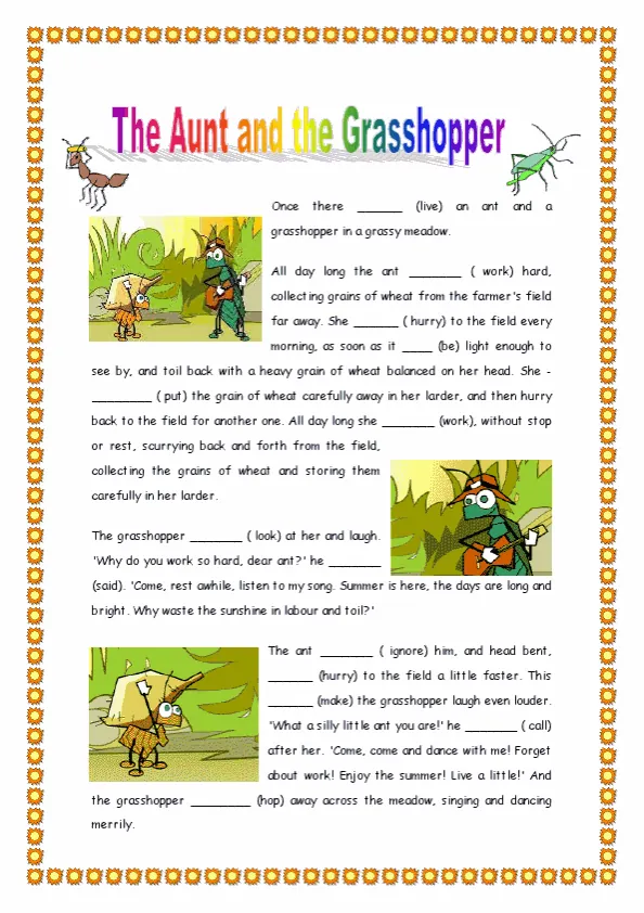 First grade worksheet featuring "The Ants and the Grasshopper" fable with comprehension questions