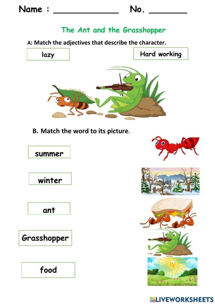 First grade reading comprehension worksheet featuring a passage about the fable of The Ants and the Grasshopper