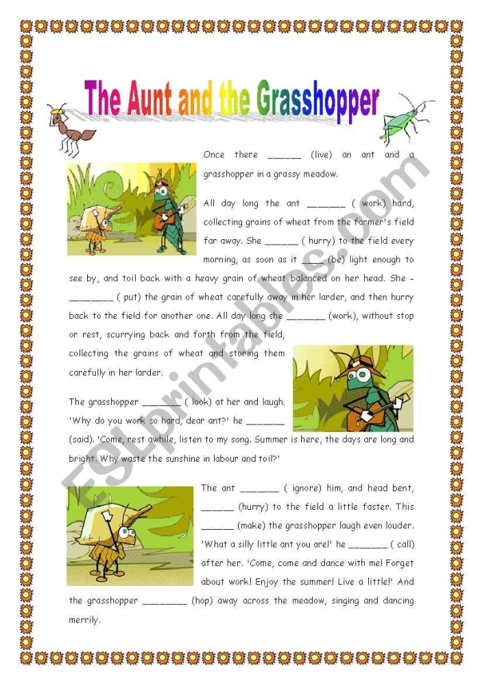 A first-grade worksheet featuring Aesop's fable "The Ants and the Grasshopper" with comprehension questions. Worksheet image illustrating reading comprehension activities for young learners.