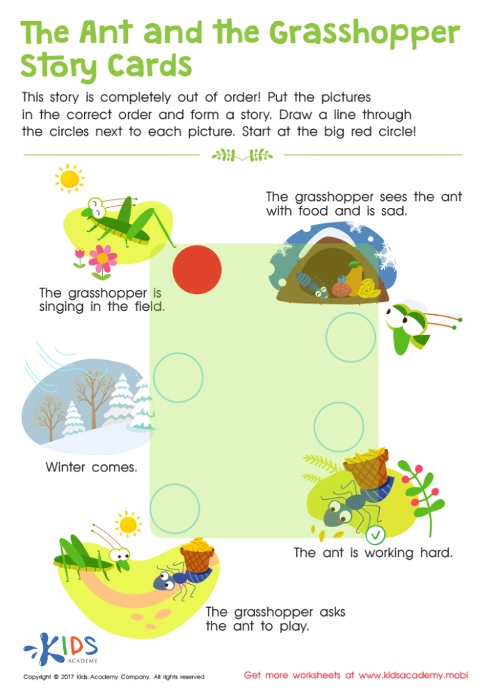 A colorful worksheet featuring questions about Aesop's fable, The Ants and the Grasshopper, for first graders. Engaging reading comprehension activity for young learners based on a classic story.