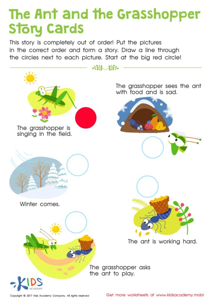 First grade worksheet featuring the classic fable of The Ants and the Grasshopper with comprehension questions