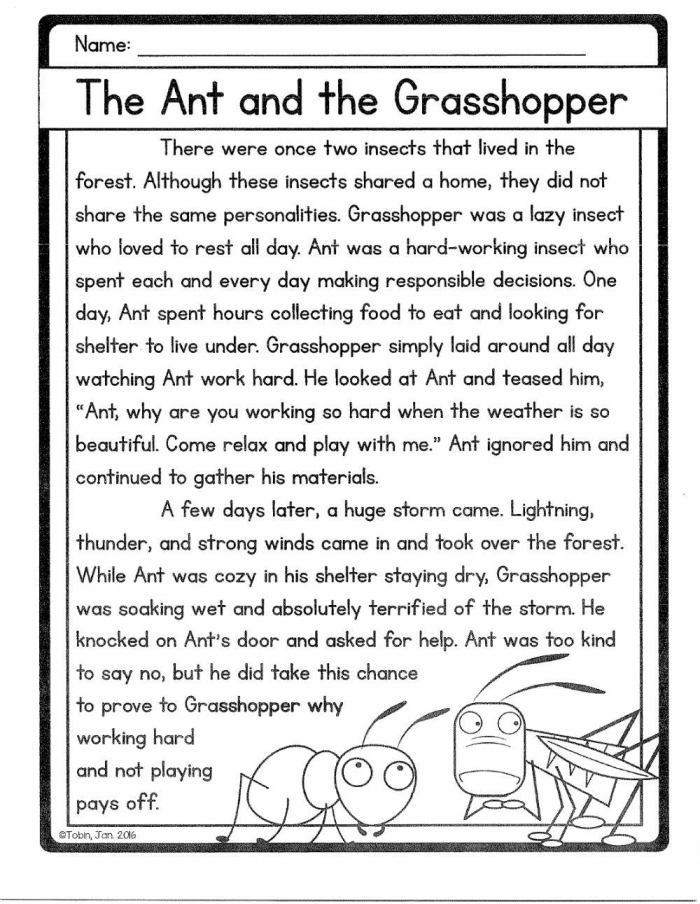 First grade students reading and answering comprehension questions about The Ants and the Grasshopper fable