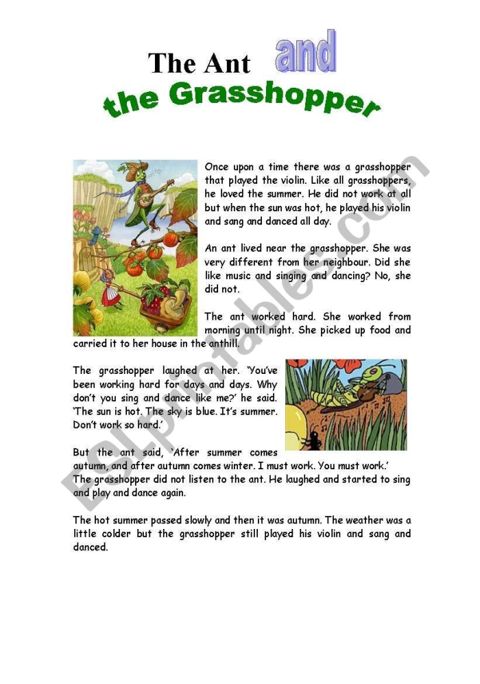 A first grade reading worksheet featuring the classic fable of the Ants and the Grasshopper with comprehension questions