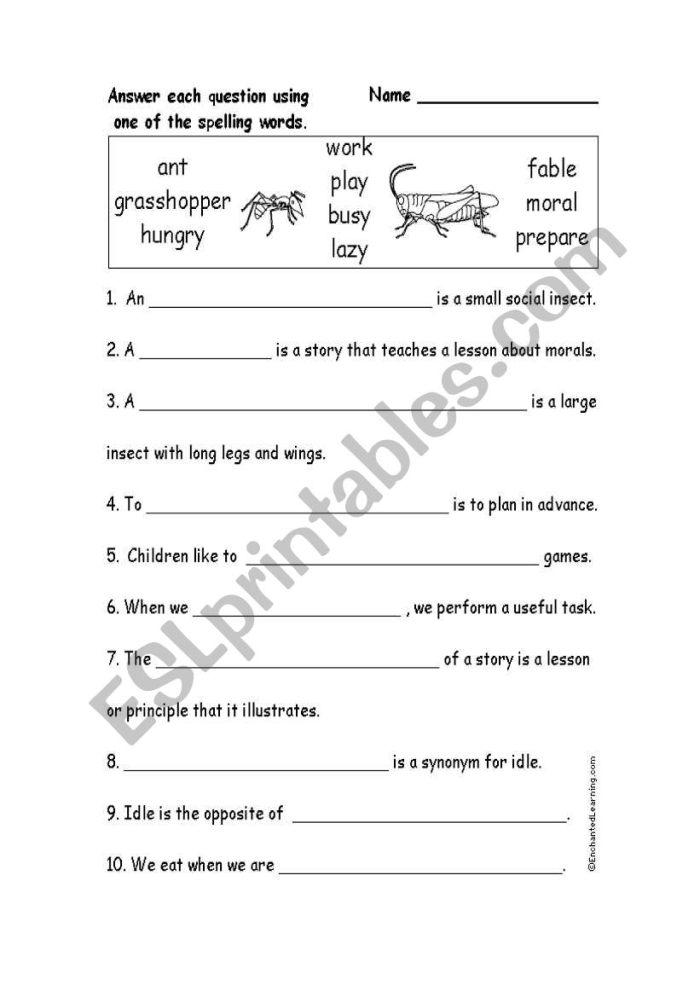 Worksheet featuring reading comprehension questions based on Aesop's fable "The Ants and the Grasshopper