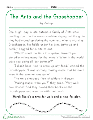 A first-grade worksheet featuring Aesop's fable "The Ants and the Grasshopper" with comprehension questions. Worksheet image for the classic fable, designed for first graders to enhance reading skills.