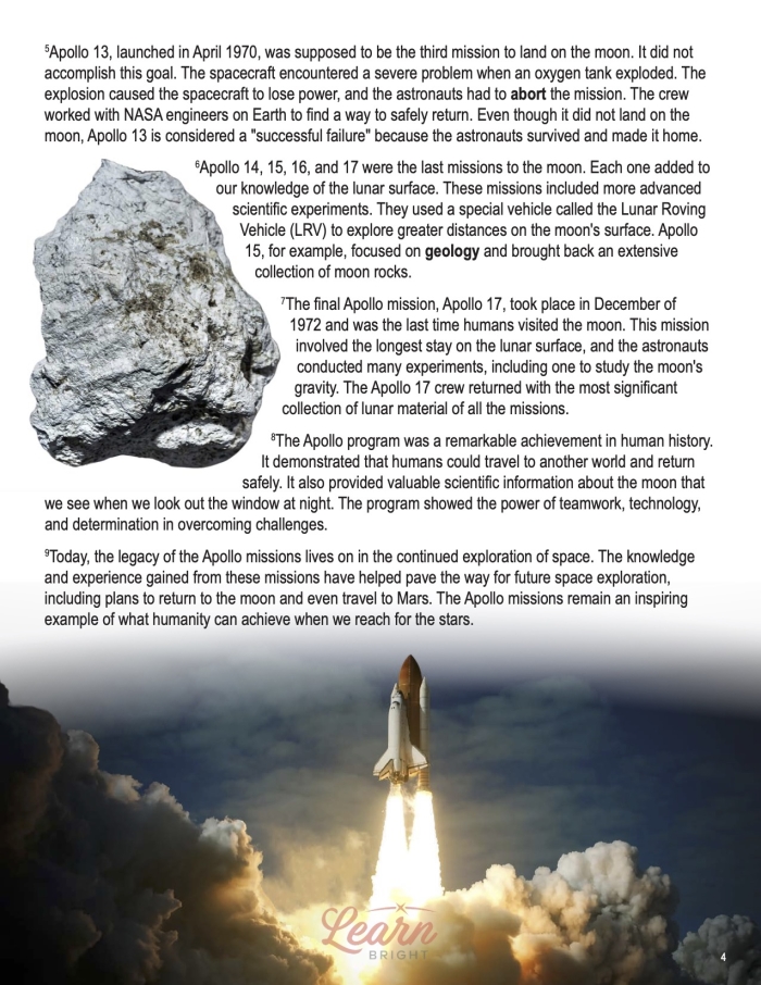 Apollo 11 worksheet for fourth graders focusing on science and history