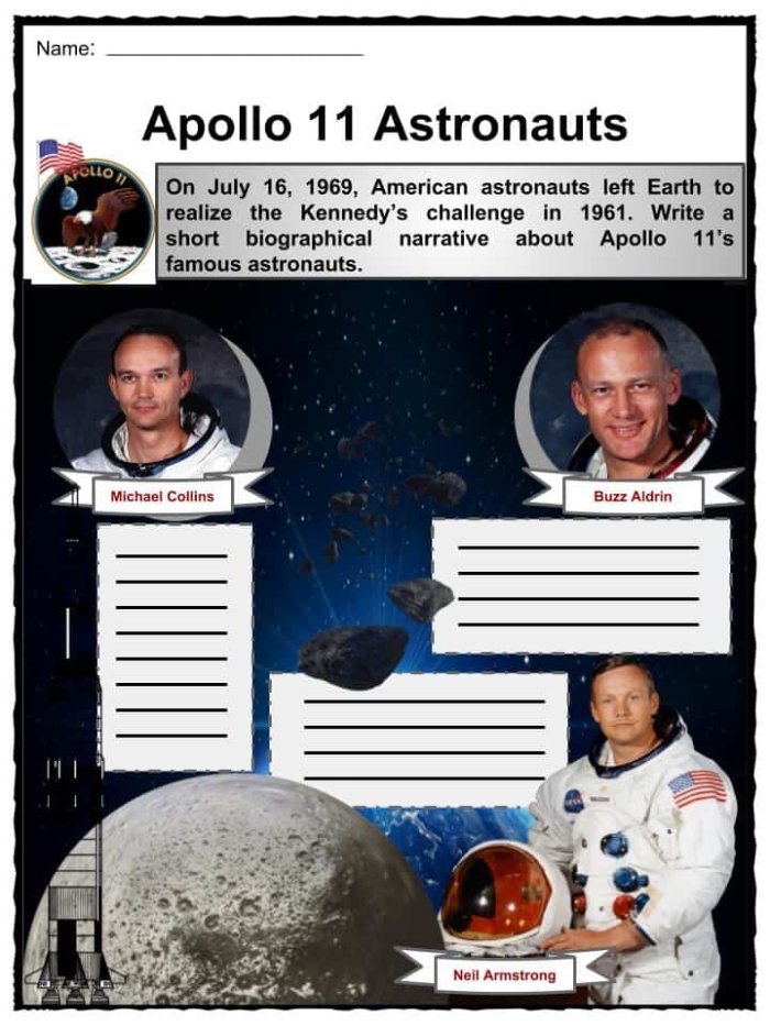 Apollo 11 worksheet for fourth graders exploring the historic space mission