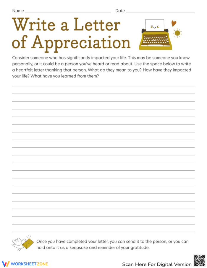 Worksheet for writing a letter of appreciation to oneself, designed for sixth graders. Empowering self-reflection activity for students to recognize their strengths.