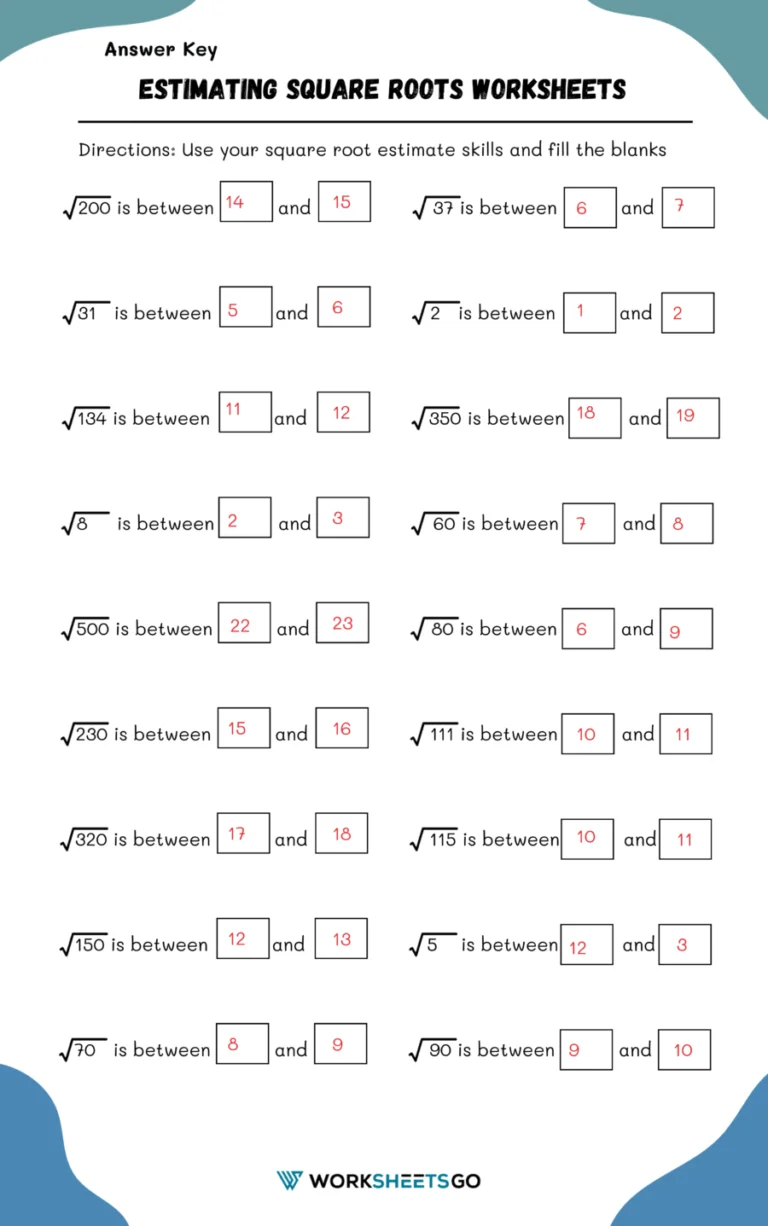 Approximating Square Roots Practice Worksheet for Eighth Grade Students Eighth grade math worksheet showing exercises for estimating the values of square roots between two whole numbers