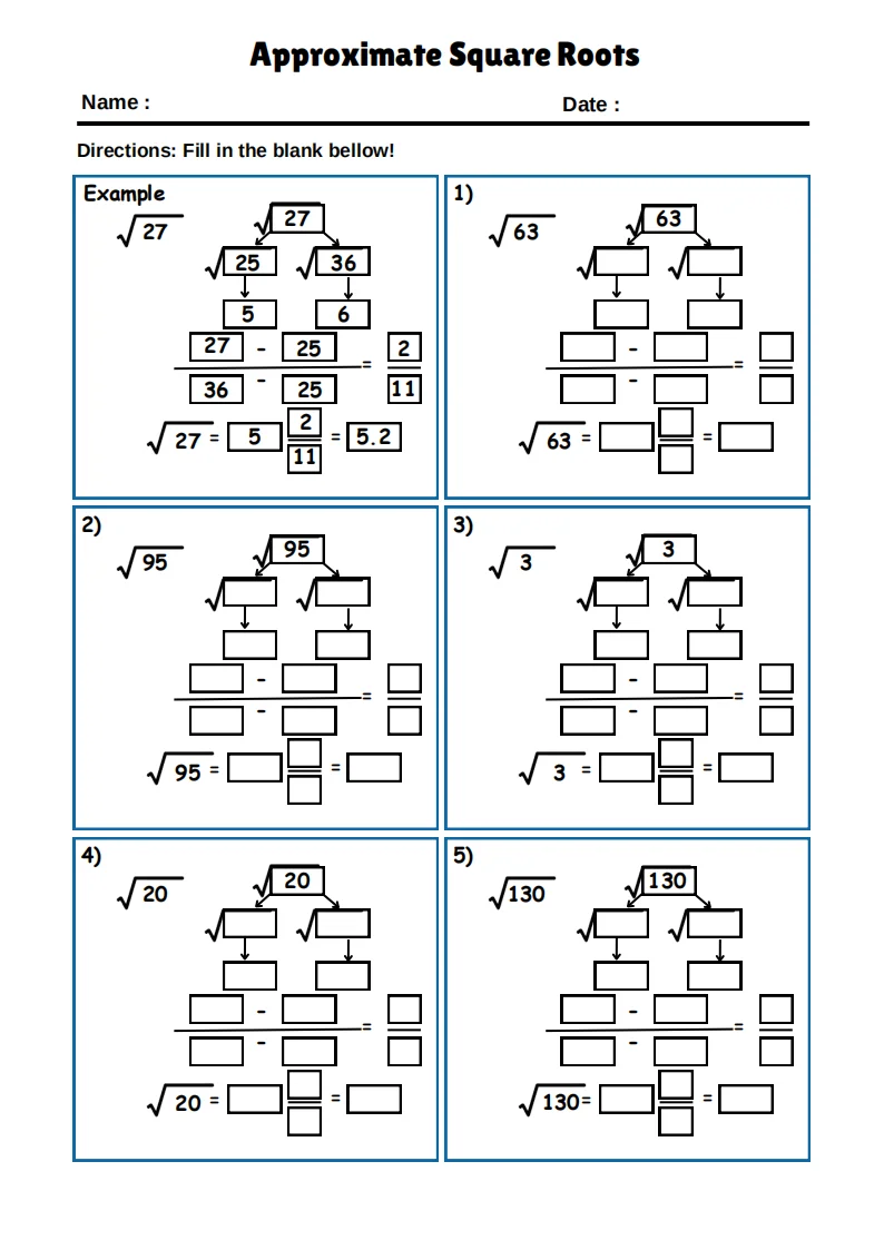 Approximating Square Roots Worksheet Page 3 Eighth grade math worksheet showing problems for approximating square roots of non-perfect numbers