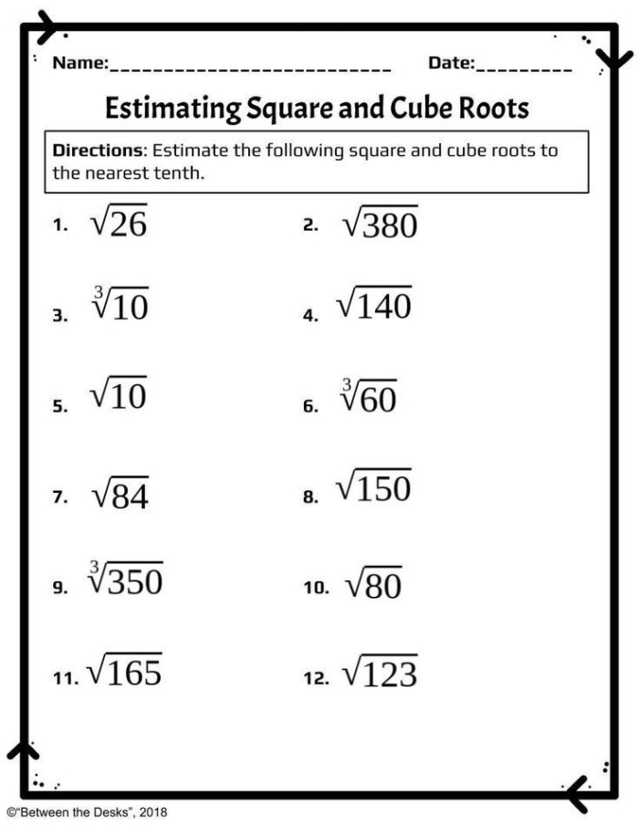 Approximating Square Roots Worksheet 24 Eighth grade math worksheet showing examples of how to approximate the square roots of non-perfect square numbers