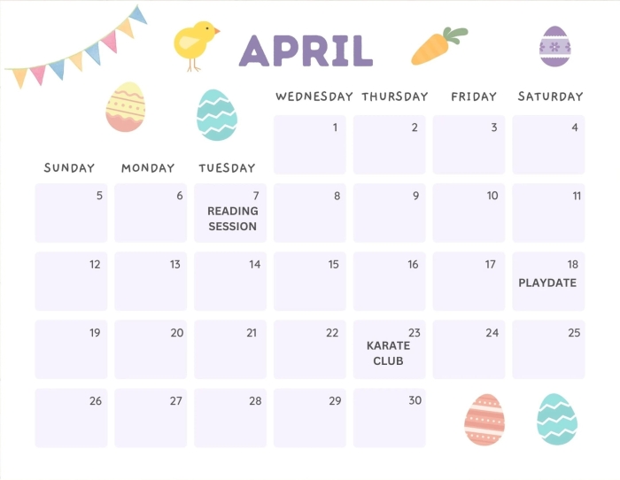 Pre-K student worksheet for filling in dates on an April calendar with coloring activities