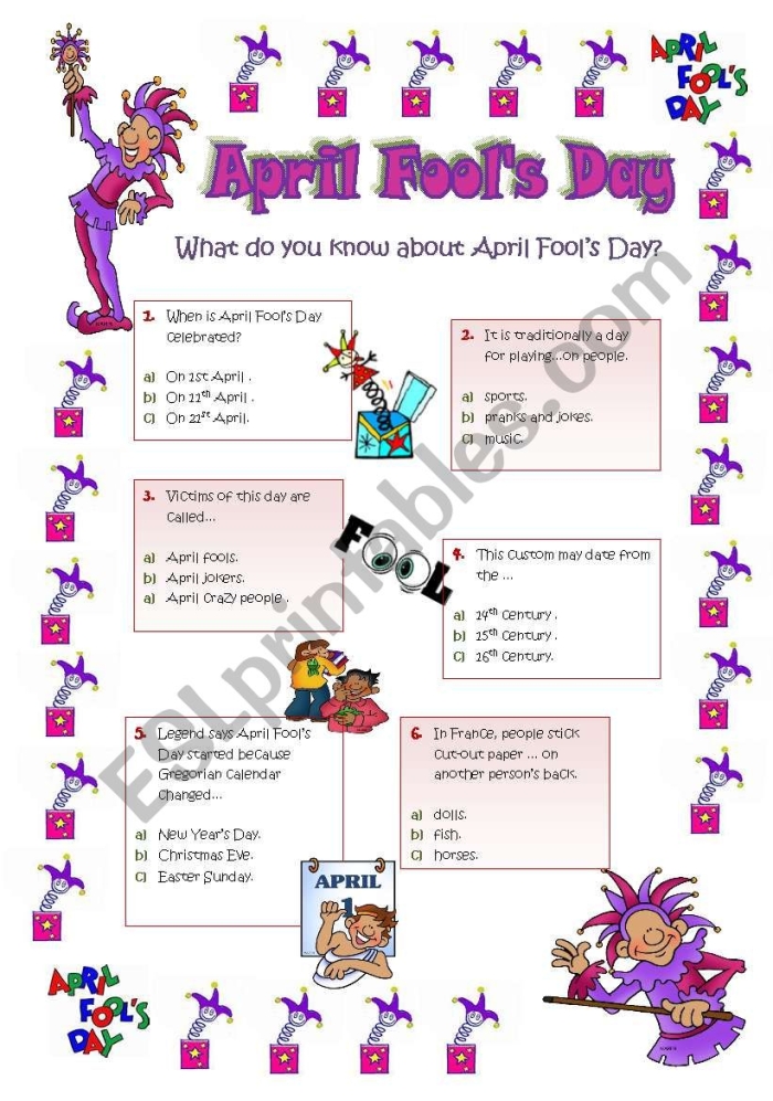 Third grade student reading a historical worksheet about the origins of April Fools Day