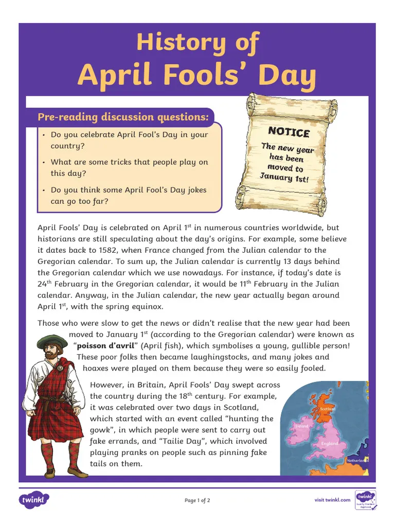Third grade reading worksheet about the origins of April Fools Day featuring geometric border designs