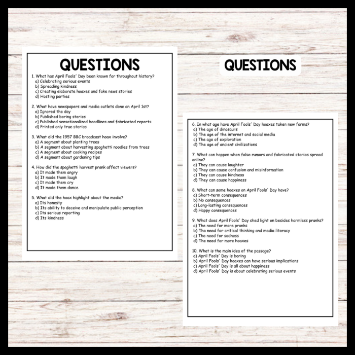 April Fools' Day Hoaxes worksheet for third graders focusing on reading comprehension