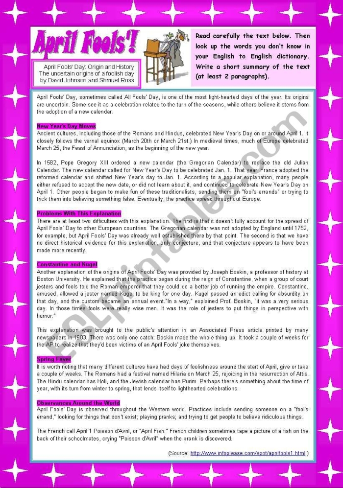 April Fools' Day Hoaxes worksheet for third graders featuring six notable pranks