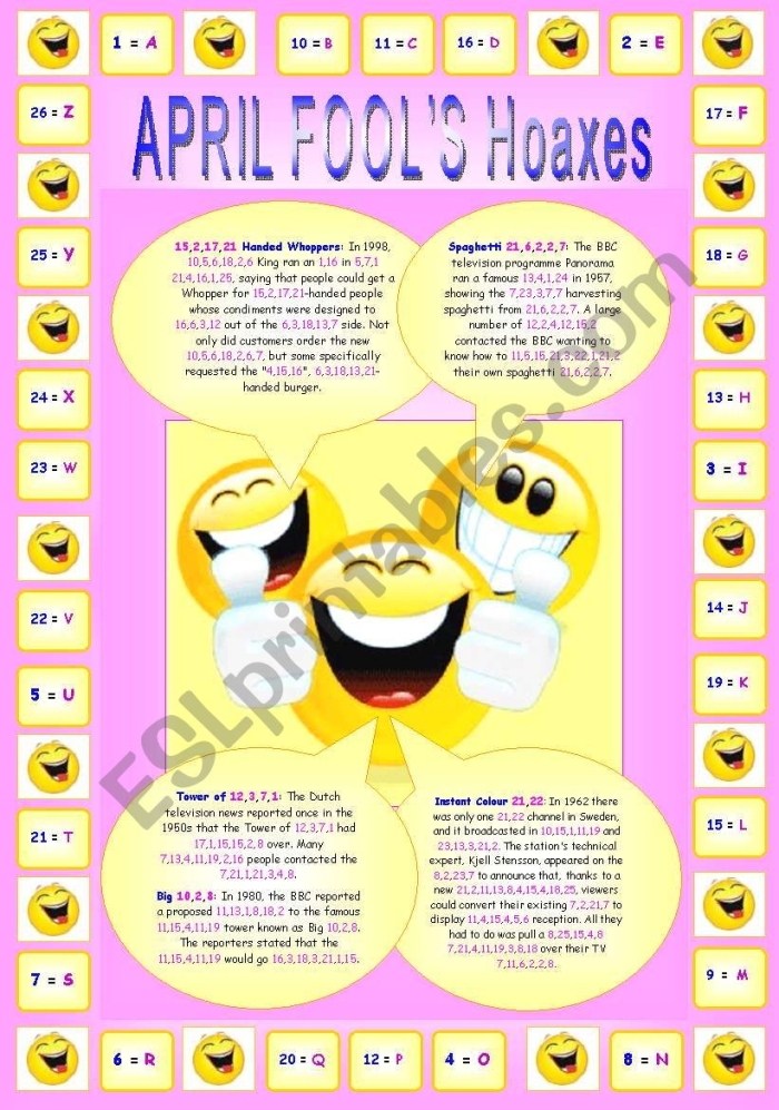 April Fools' Day hoaxes worksheet for third graders focusing on reading comprehension