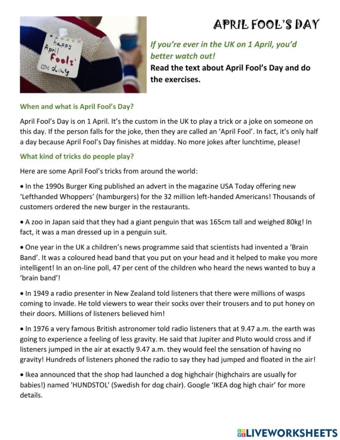 April Fools' Day Hoaxes worksheet for third graders featuring reading comprehension activities