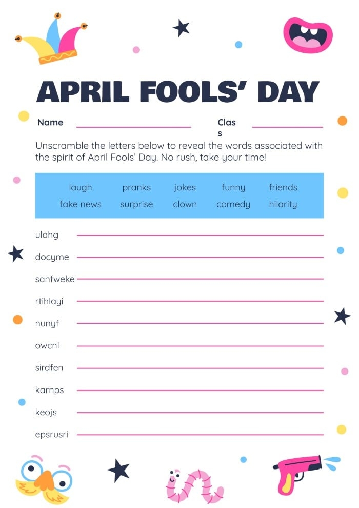 Third grade students learning about April Fools' Day history through a geometry worksheet activity with reading comprehension questions