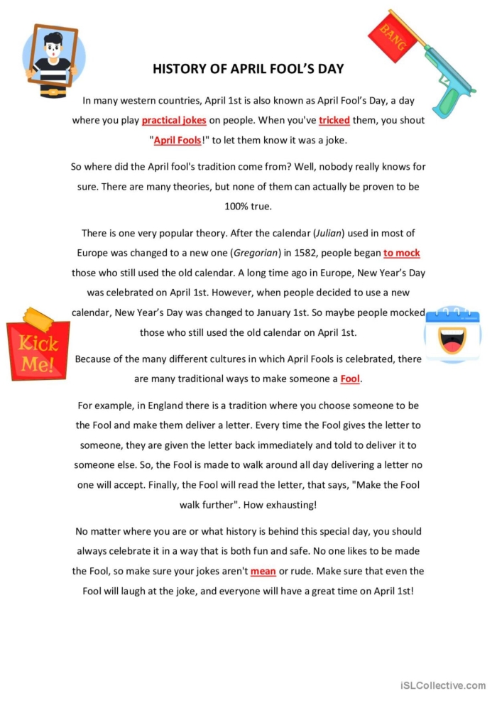 Third grade students learning about April Fools' Day history through a geometry-themed reading worksheet with fun facts and activities