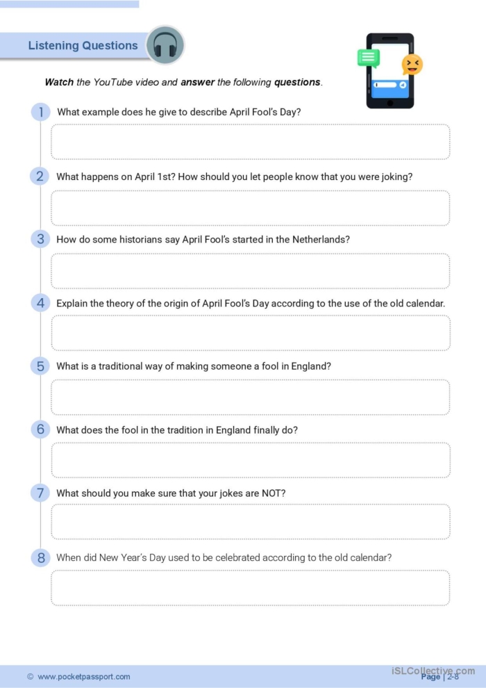 Third grade reading worksheet exploring the origins and history of April Fools Day traditions