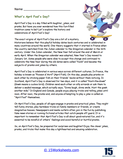 Third grade geometry worksheet about April Fools' Day history with reading comprehension activities and fun facts about pranks