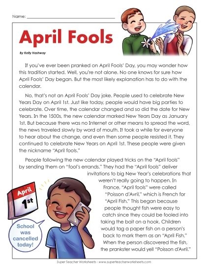 Third grade reading worksheet exploring the origins and history of April Fools Day for lesson 24