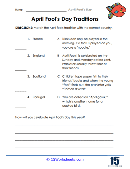 Third grade geometry worksheet about April Fools' Day history with reading comprehension activities and prank-themed illustrations
