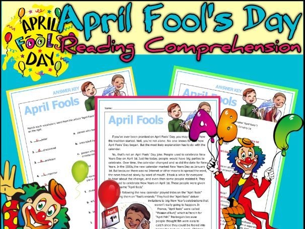 Third grade students learning about April Fools' Day history through a geometry-themed reading worksheet activity