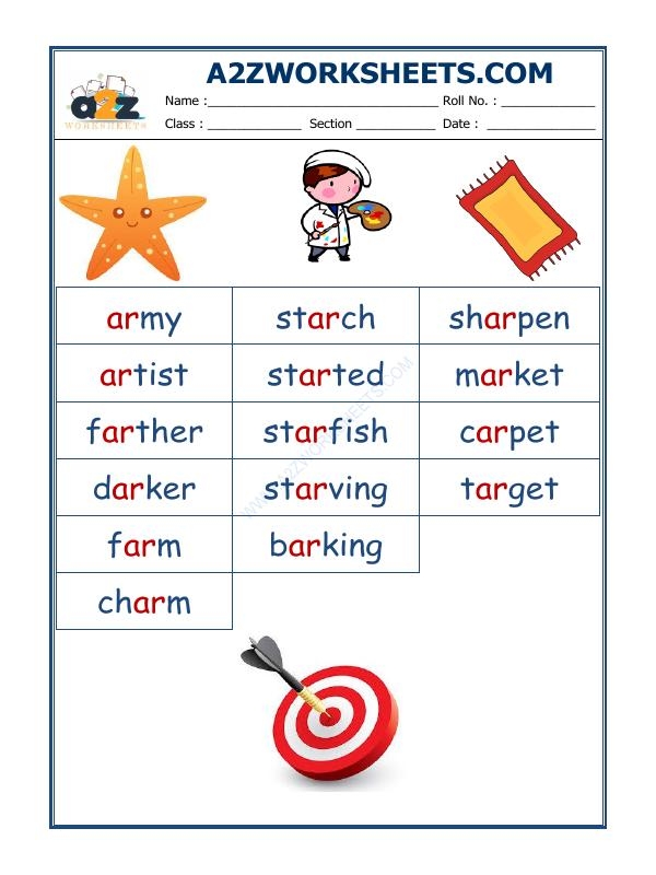 Second grade worksheet featuring phonics practice for words containing the ar and or letter blends