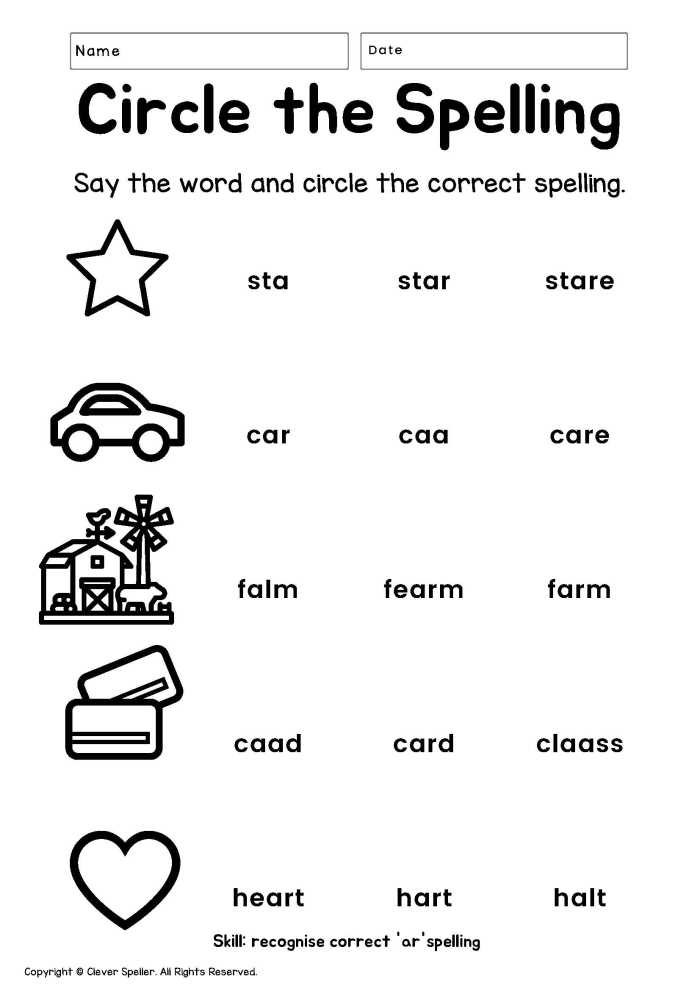 Second grade phonics worksheet showing ar and or word blends with illustrated examples for sound recognition practice