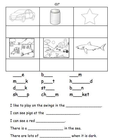 Second grade phonics worksheet showing ar and or word blend activities with illustrations and practice exercises
