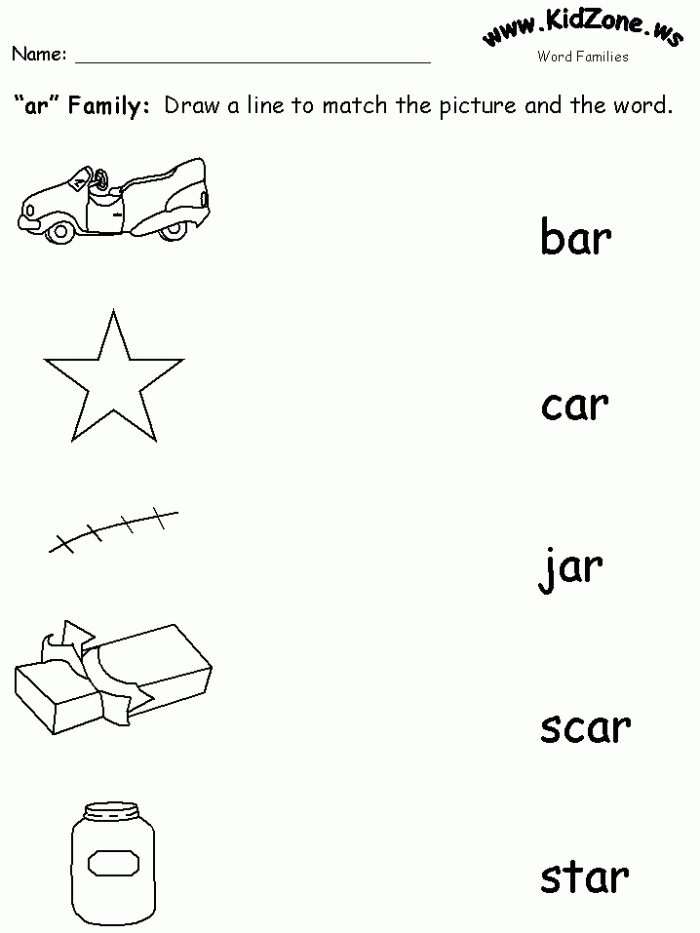Second grade phonics worksheet showing ar and or word blend exercises with illustrated examples for sound recognition practice
