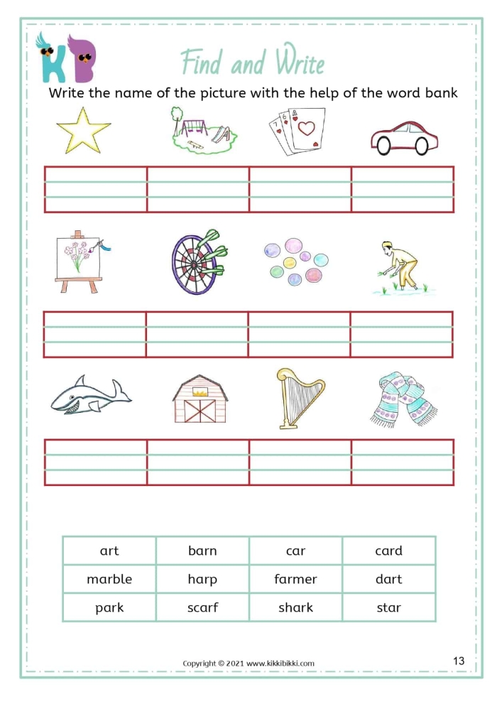Second grade phonics worksheet showing ar and or word blend exercises with pictures and letter combination activities