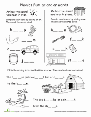 Second grade phonics worksheet showing ar and or word blend activities with pictures and fill-in-the-blank exercises for sound recognition