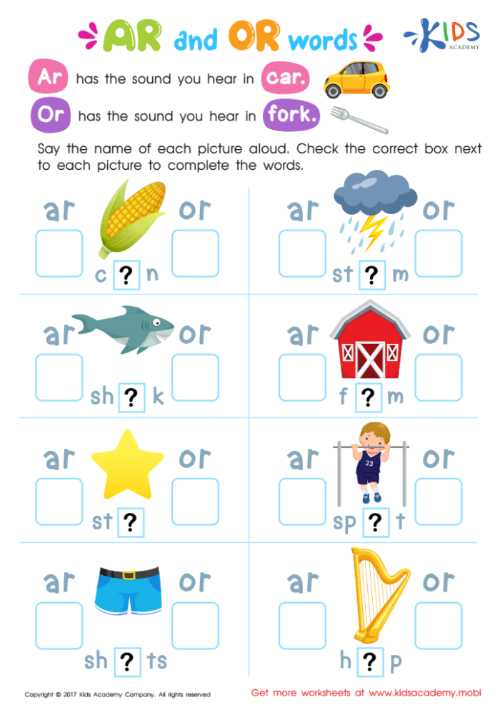 Second grade phonics worksheet showing ar and or word blend practice exercises with illustrated examples for sound recognition