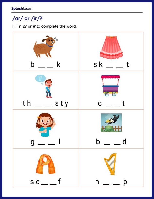 Second grade phonics worksheet showing ar and or word blend exercises with illustrated examples for sound recognition practice