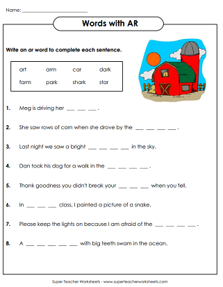 Second grade phonics worksheet showing ar and or word blend activities with pictures and fill-in exercises for sound recognition practice
