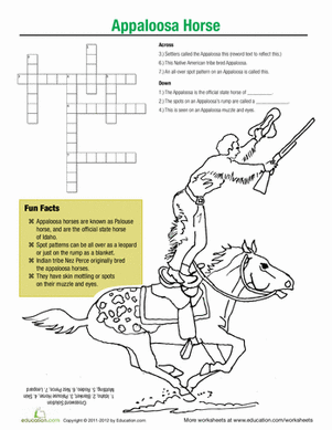 ALT text: Educational worksheet featuring an Arabian horse with a crossword puzzle and coloring activity for second graders.
