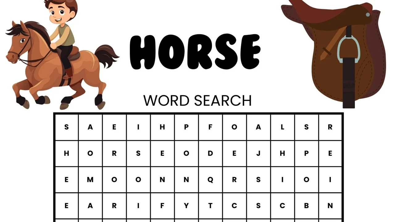 Colorful worksheet featuring Arabian horses with a fun crossword puzzle and coloring section