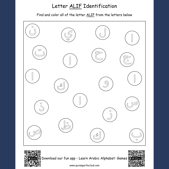 Kids practicing Arabic calligraphy by writing the letter Alif on a colorful worksheet