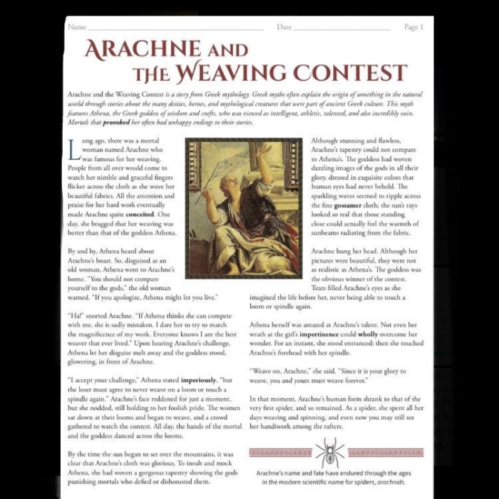 Reading comprehension worksheet featuring Arachne and the Weaving Contest for seventh graders