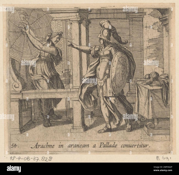 Seventh grade reading comprehension worksheet featuring the Greek myth of Arachne and the weaving contest