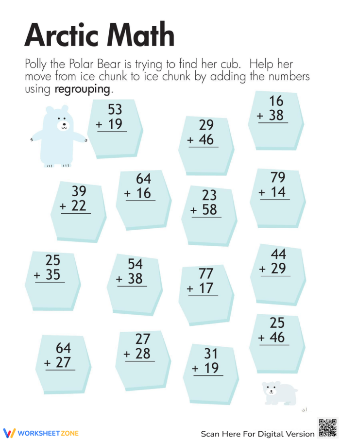 Arctic Math Two-Digit Addition Worksheet 23 Second grade math worksheet featuring a polar bear navigating ice chunks with two-digit addition problems