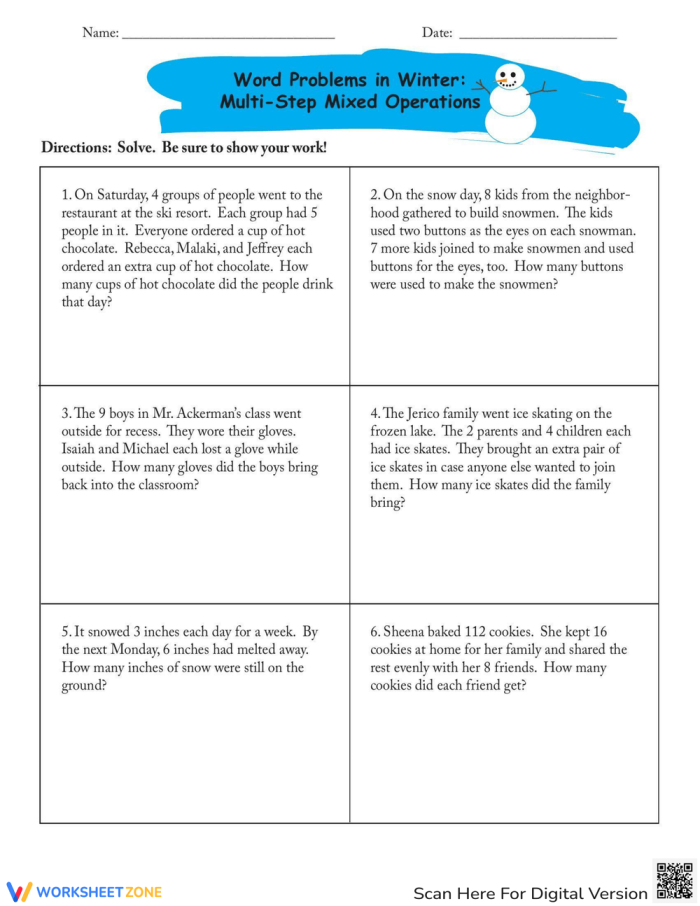 Word Problems in the Arctic: Multi-Step Mixed Operations Practice Sheet 17 Third grade students solving Arctic-themed multi-step word problems with mixed addition and subtraction operations on a practice worksheet