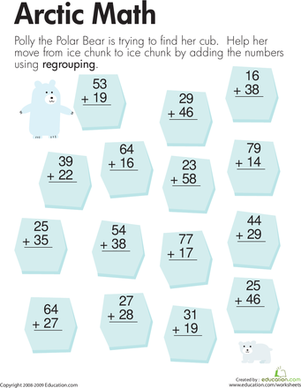Arctic Math Two-Digit Addition Worksheet Image 8 Second grade Arctic Math worksheet with two-digit addition problems to help Polly reach her cub