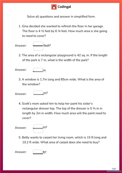 Worksheet image for calculating the area of rectangular rooms in a measurement exercise